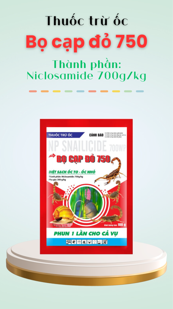 THUỐC TRỪ ỐC BỌ CẠP ĐỎ 750 THÀNH PHẦN NICLOSAMIDE 700G/KG THUỐC CÓ VỊ ĐỘC, TIẾP XÚC HIỆU LỰC CAO, TRÚNG ĐỘC NHANH DIỆT CẢ ỐC LỚN LẪN NHỎ KHÔNG CẦN KẾT HỢP THUỐC KHÁC DỄ PHA, DỄ PHUN, KHÔNG HÔI