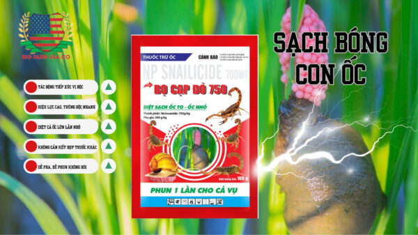 THUỐC TRỪ ỐC BỌ CẠP ĐỎ 750 THÀNH PHẦN NICLOSAMIDE 700G/KG THUỐC CÓ VỊ ĐỘC, TIẾP XÚC HIỆU LỰC CAO, TRÚNG ĐỘC NHANH DIỆT CẢ ỐC LỚN LẪN NHỎ KHÔNG CẦN KẾT HỢP THUỐC KHÁC DỄ PHA, DỄ PHUN, KHÔNG HÔI